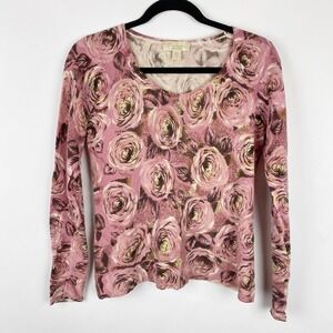 Mainbocher Pure Cashmere Pink Rose Floral Print Long Sleeve Sweater Top Womens S